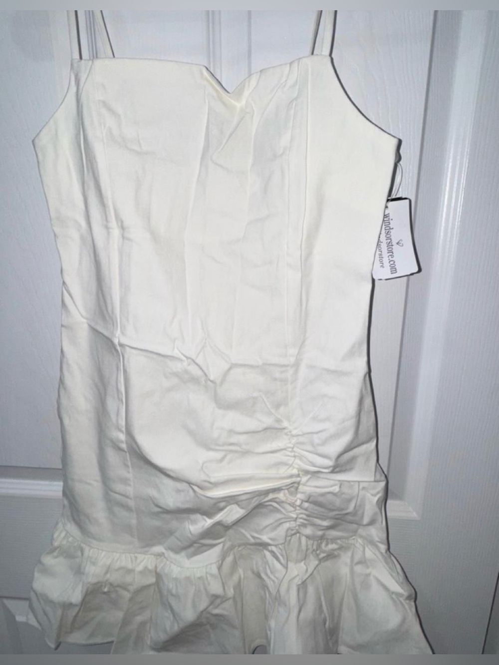 Windsor Cream Spaghetti Strap Ruffle-Hem Mini Dress